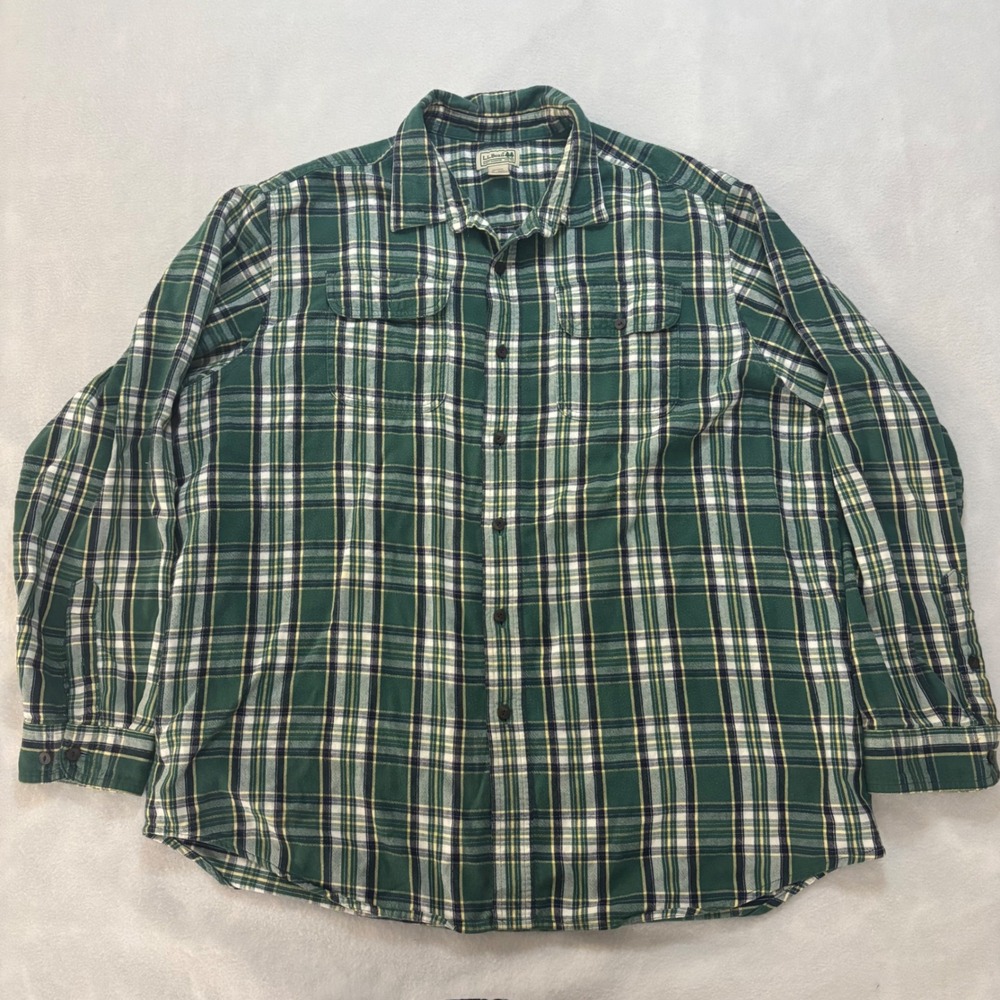 LL Bean Mens XL Regular Green Plaid Flannel Button Down Shirt 285285 Cotton